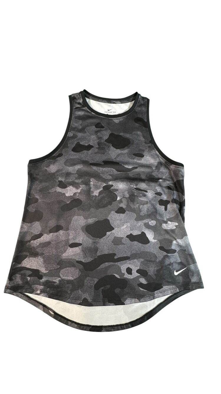 Nike Dri-FIT Women’s Medium Camo Tank Top Black Gray Racerback Athletic BV7004